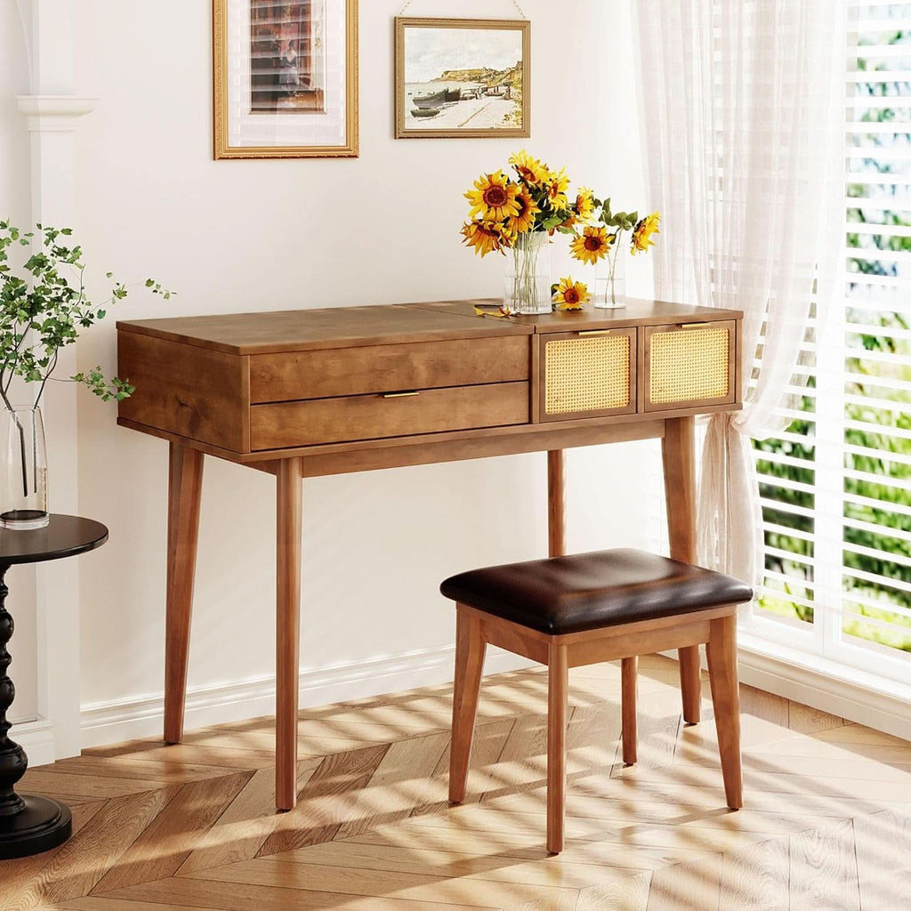 Espresso Hardwood Vanity Desk with Flip-Top Mirror