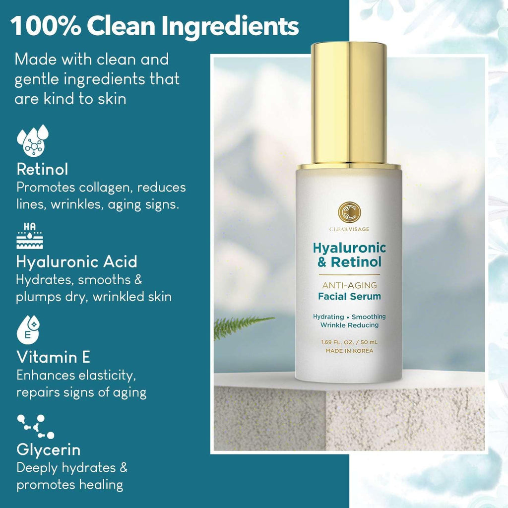Hyaluronic Acid & Retinol Serum - Revitalizing Anti-Aging, Radiant Glowing Complexion, Wrinkle Reduction - Dermatologist Tested, Korean Skin Care, Clean Beauty - 1.69 Fl. Oz