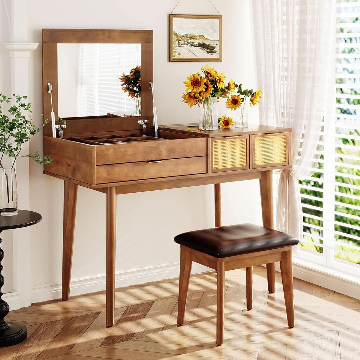 Espresso Hardwood Vanity Desk with Flip-Top Mirror