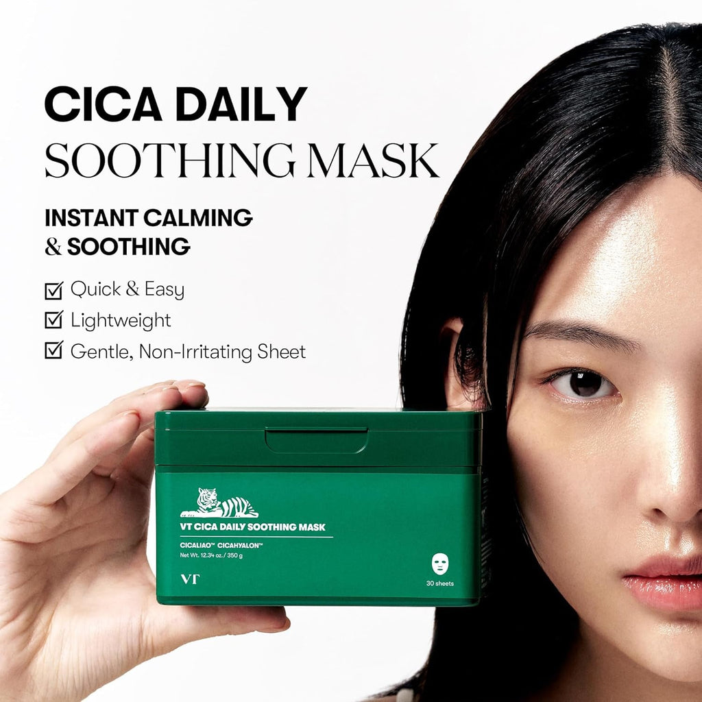 CICA Daily Soothing Mask 30 Sheets, Centella Asiatica & Hyaluronic Acid for Moisturizing & Hydrating, Instant Calm & Glow, Skin Softening Facial Mask, Korean Face Mask