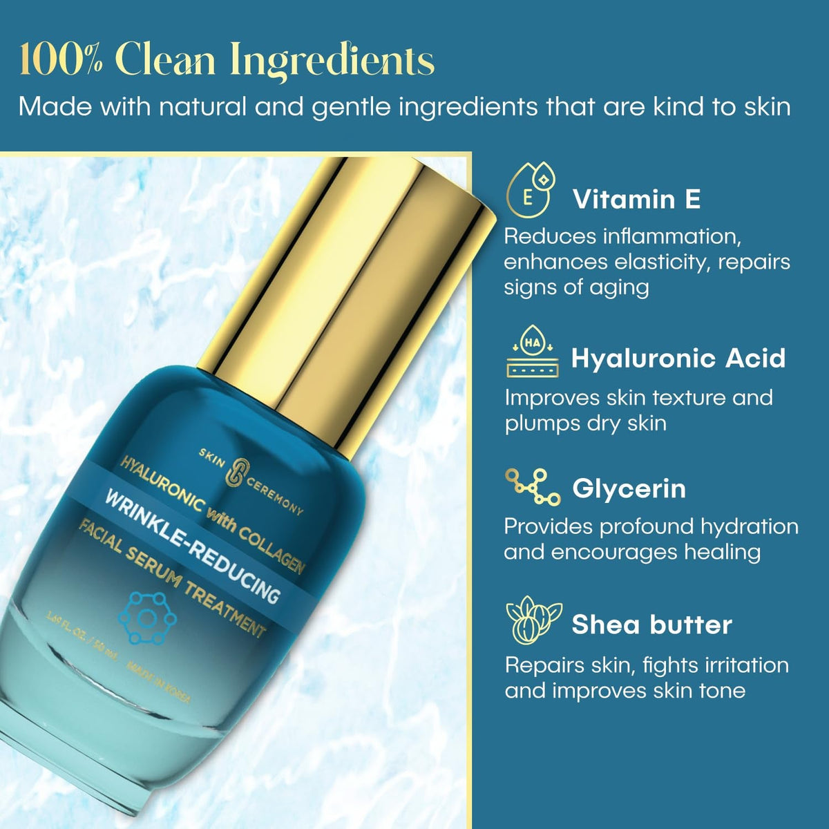Hyaluronic Acid & Collagen Wrinkle Reducing Serum - Deep Hydration, Plumps & Smooths Skin - Dermatologist Tested, Clean Beauty, Korean Skin Care - 1.69 FL.OZ.