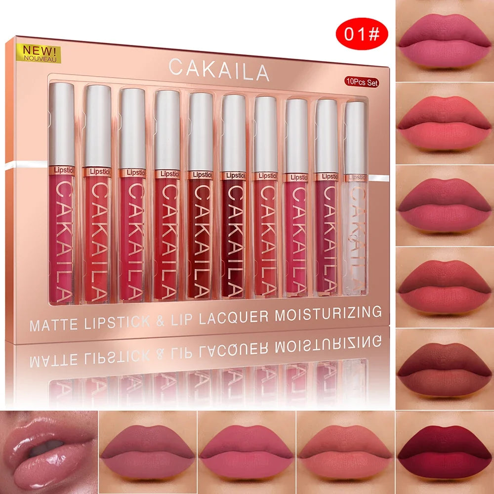 Matte Liquid Lipstick Lip Oil 10pc/set, Waterproof Velvet Lip Gloss Long Lasting Non-transfer Nude Red Pink Daily &Party Makeup