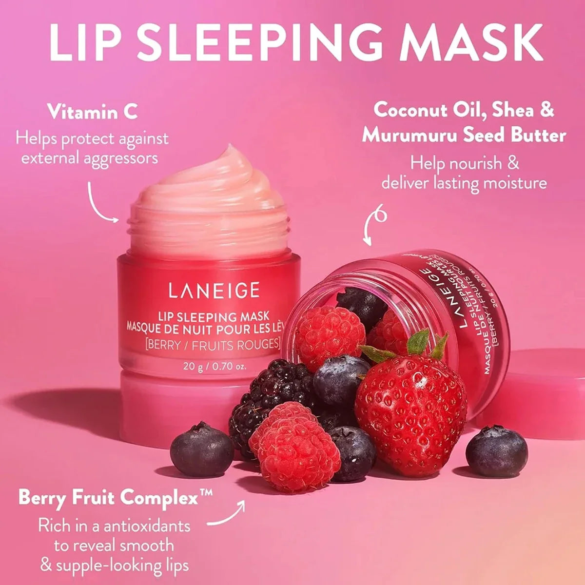 Laneige Lip Sleeping Mask 20g,Long-Lasting Hydration,Gel-Cream Texture,Nighttime Lip Care,Softens Lips,K-Beauty,Korean Makeup