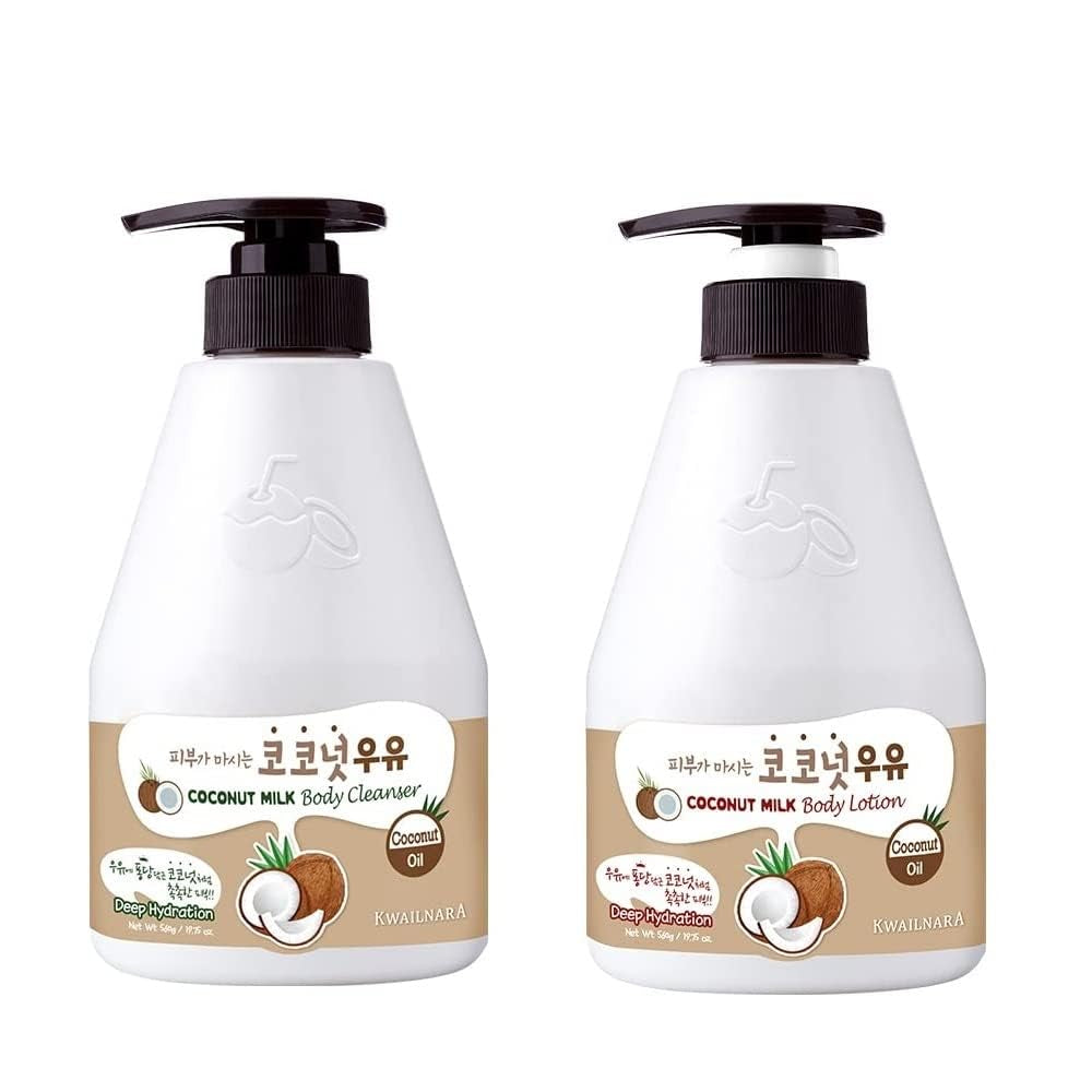 Kwailnara Coconut Milk Body Lotion & Body Wash Set – Deeply Hydrating & Refreshing Korean Skincare Set with Coconut Extract, 560G / 19.75Oz Each