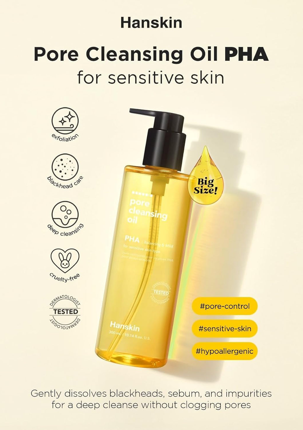 Pore Cleansing Oil, Oil Cleanser for Face, Makeup Blackhead Remover, Korean Cleanser for Sensitive Skin [PHA] (10.14 Oz)