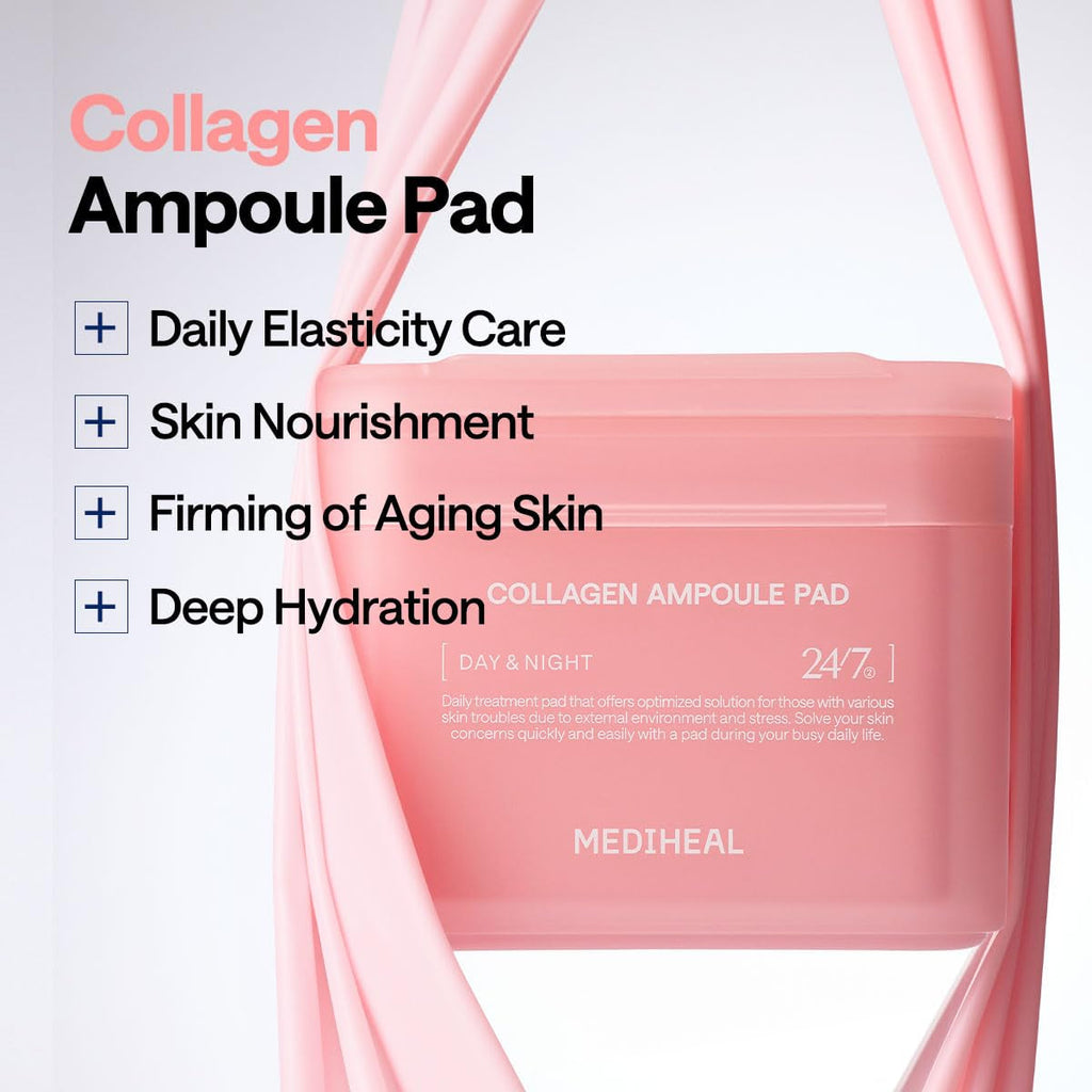 Collagen Ampoule Facial Toner Pads - Collagen & Ceramide - Skin Firming & Restore Elasticity & Deep Hydration - Tighten Wrinkles & Lines - Vegan Eco Silk Fabric